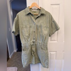 Zara Green Short Sleeve Denim Jumpsuit